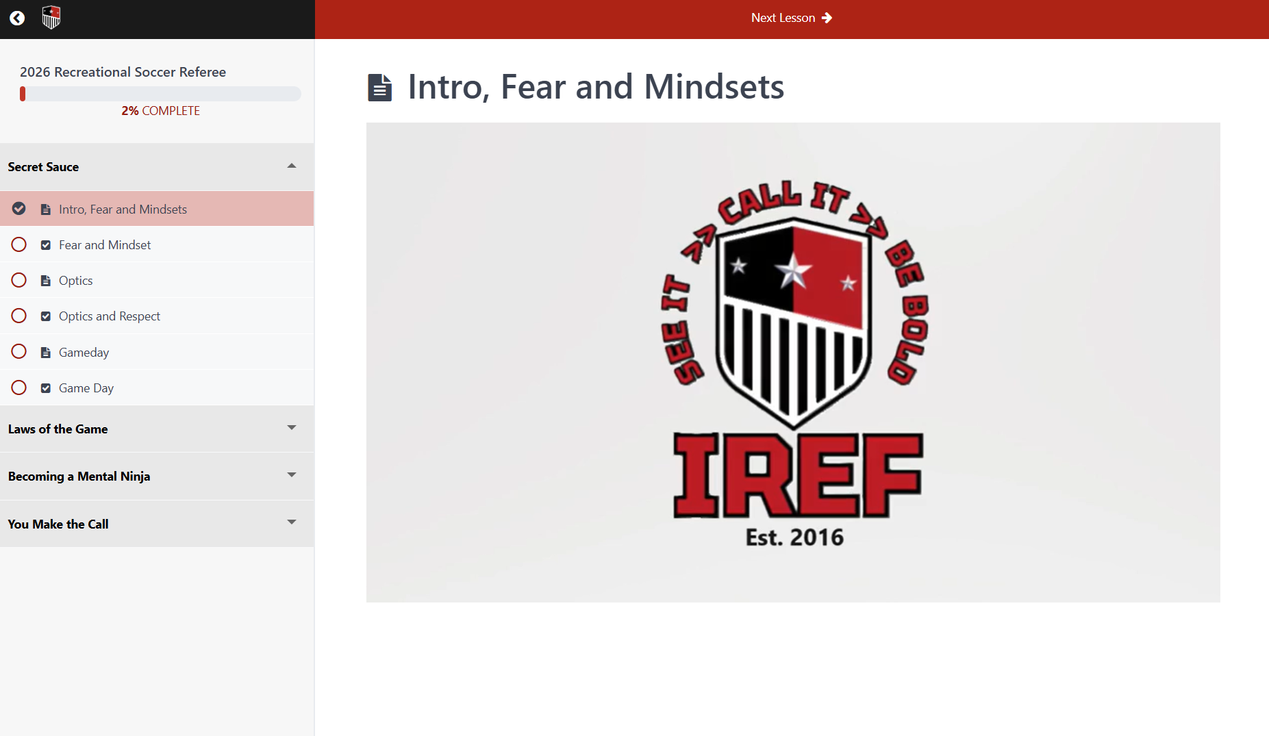 Screenshot of the IREF course interface showing lessons in the sidebar and video content